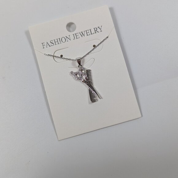 Stylist Hair Dresser Silver Tone Scissors Comb Charm Necklace - Picture 2 of 2